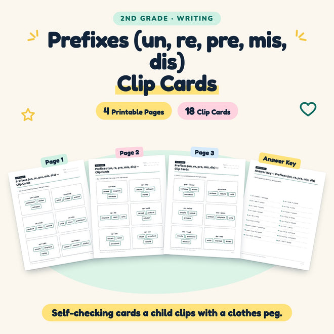 18 Prefixes (un, re, pre, mis, dis) Clip Cards — cover