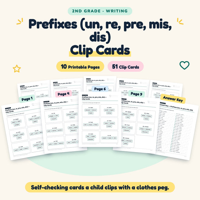 Prefixes Clip Cards | 2nd Grade Grammar (18 Cards) — cover