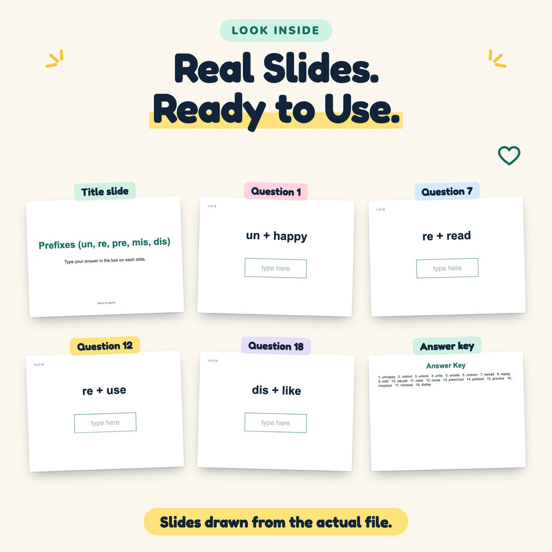 Prefixes (un, re, pre, mis, dis) digital deck: look inside