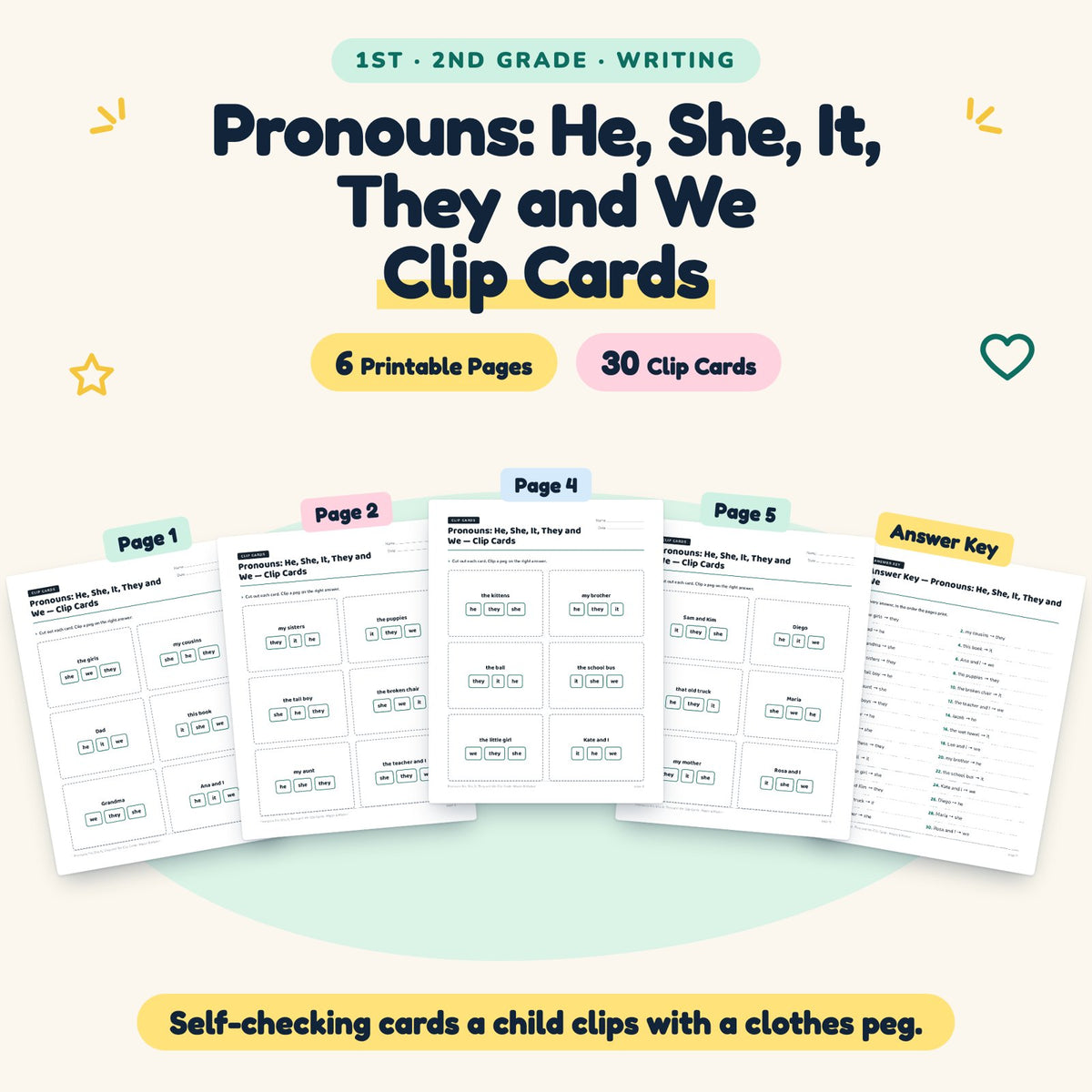 30 Pronouns: He, She, It, They and We Clip Cards — cover