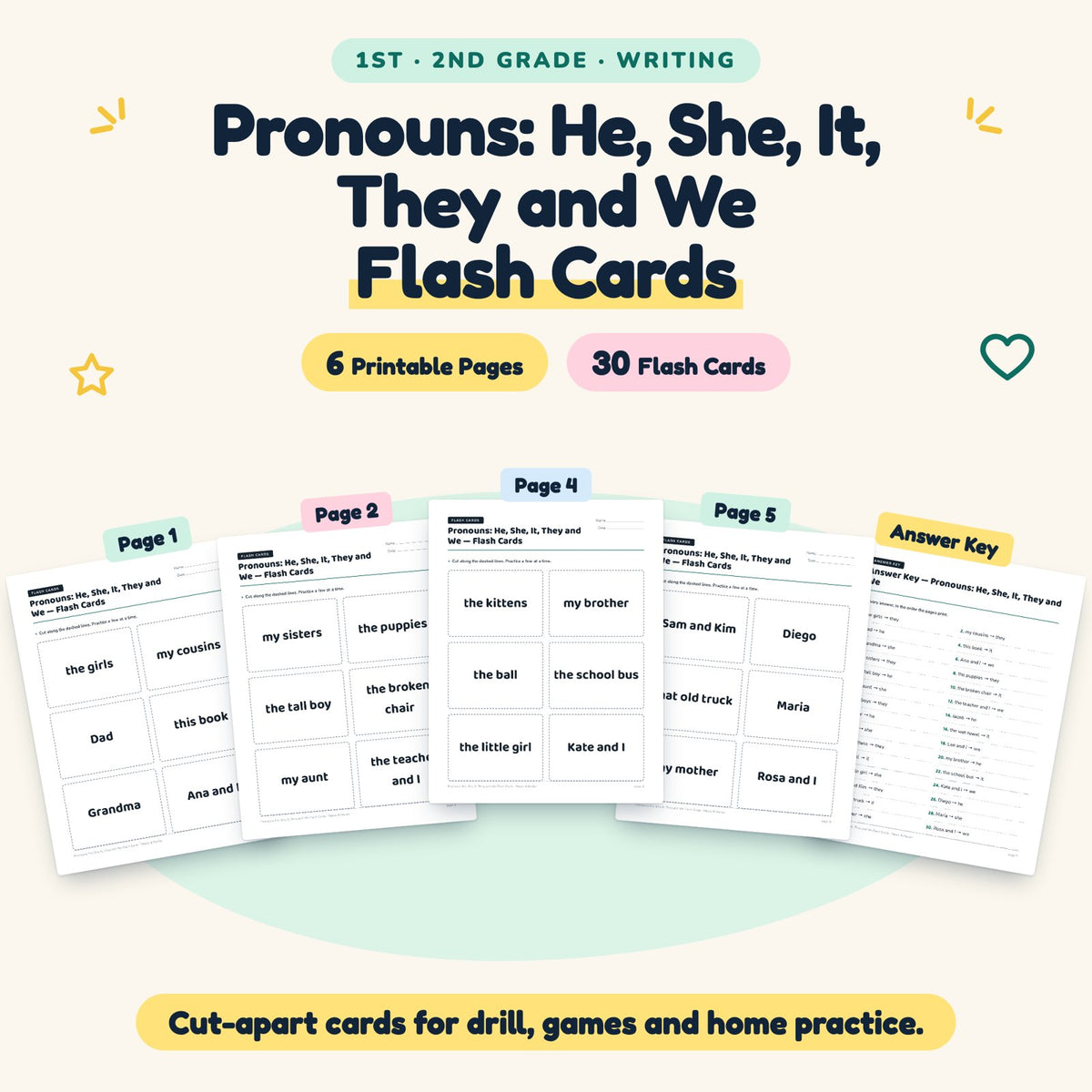 30 Pronouns: He, She, It, They and We Flash Cards — cover