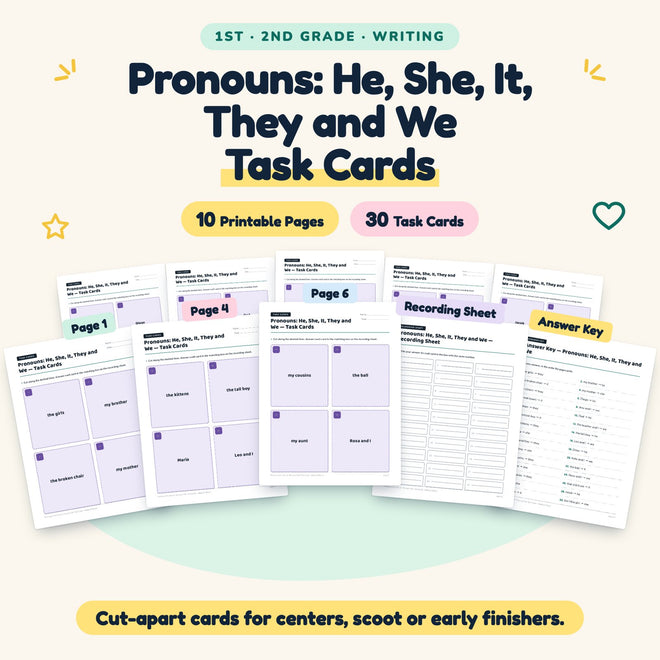 30 Pronouns: He, She, It, They and We Task Cards — cover
