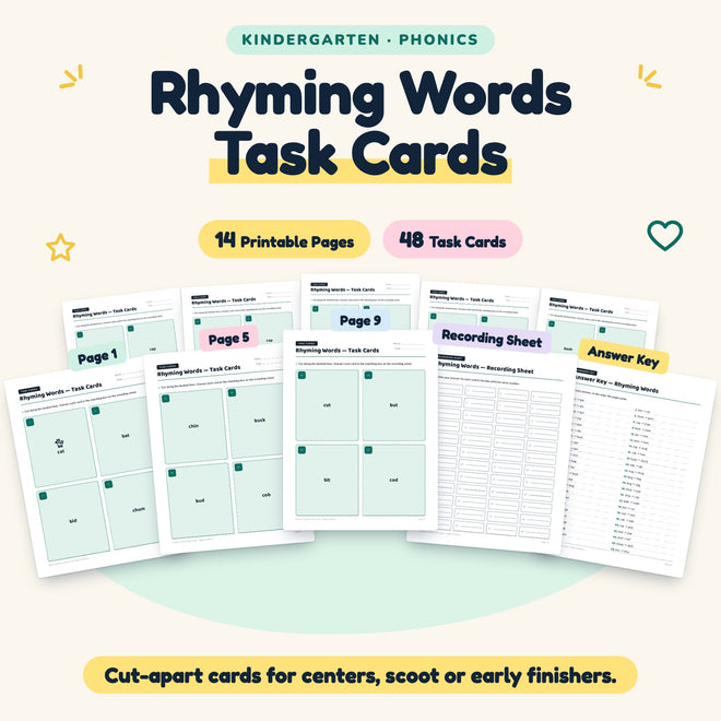 Rhyming Words Task Cards | Kindergarten Phonics (48 Cards) — cover