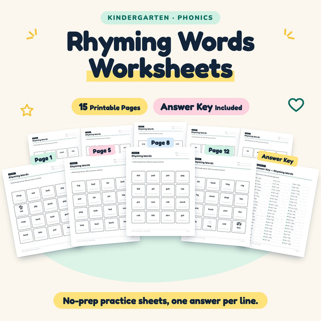 Rhyming Words Worksheets | Kindergarten Phonics (12 Pages) — cover