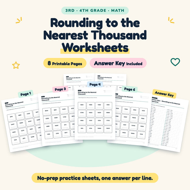 8 Rounding to the Nearest Thousand Worksheets — cover