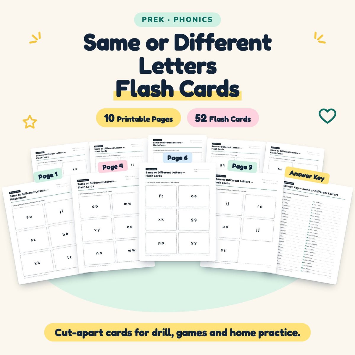52 Same or Different Letters Flash Cards — cover