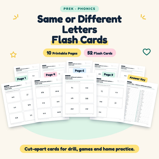 52 Same or Different Letters Flash Cards — cover