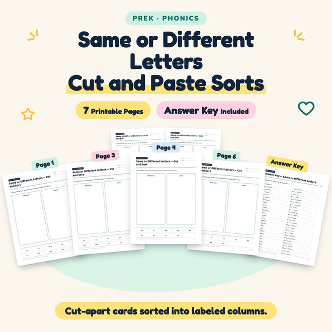 7 Same or Different Letters Cut and Paste Sorts — cover