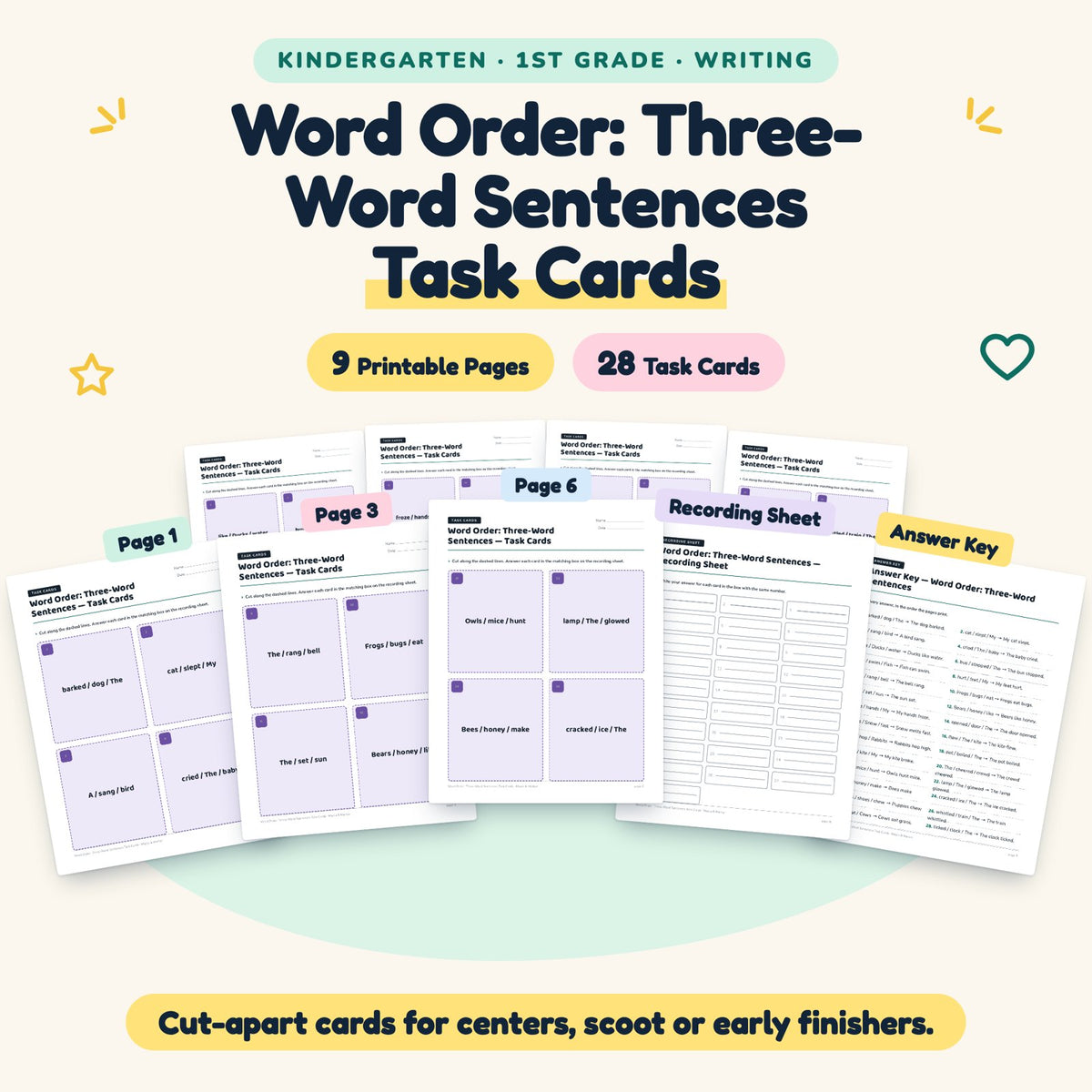 28 Word Order: Three-Word Sentences Task Cards — cover