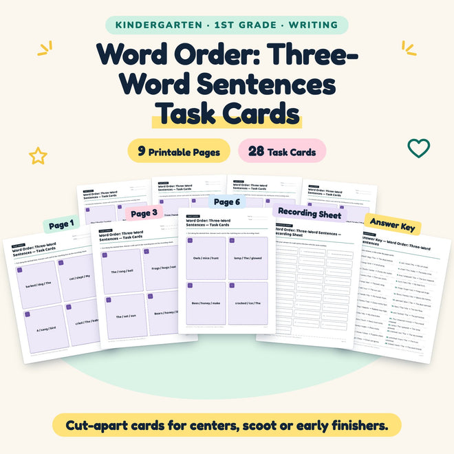 28 Word Order: Three-Word Sentences Task Cards — cover