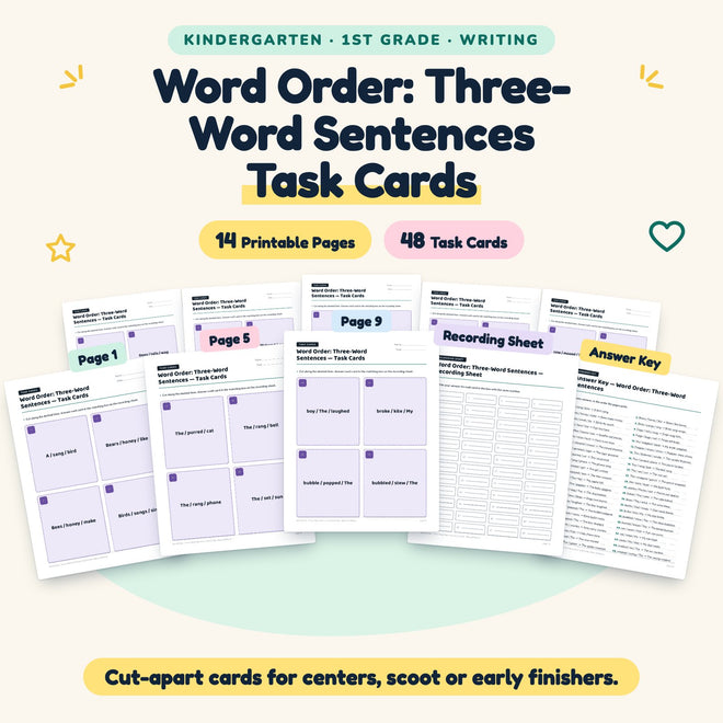 Word Order Task Cards | K–1st Grade Writing (28 Cards) — cover