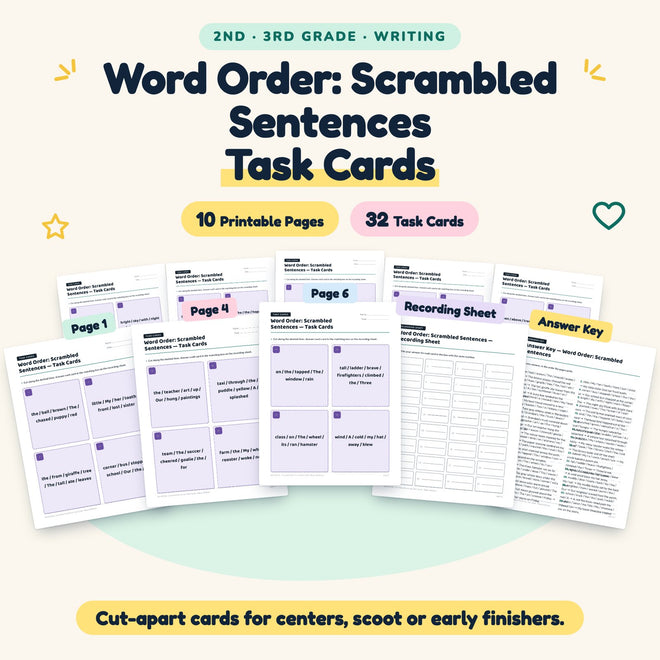 32 Word Order: Scrambled Sentences Task Cards — cover