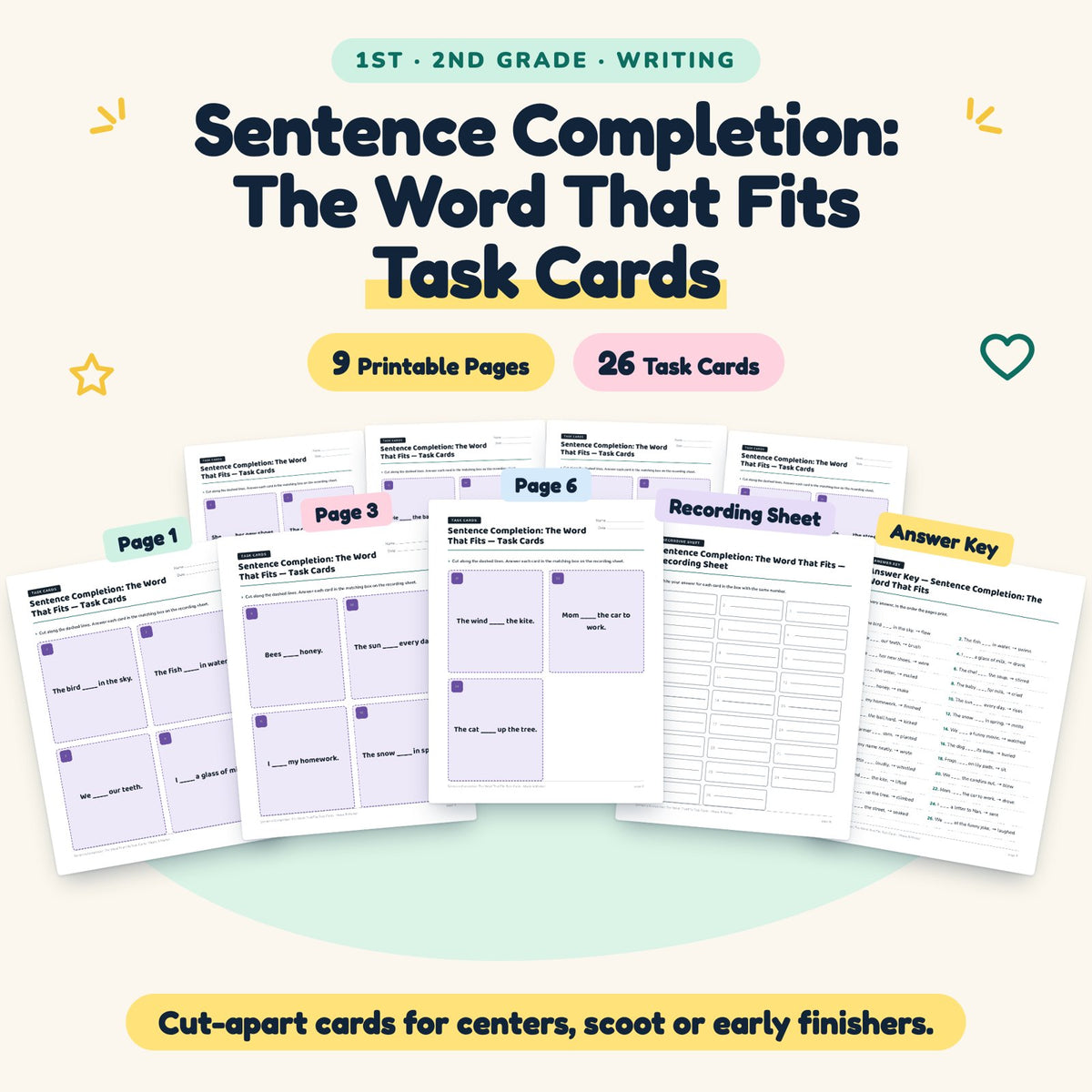 26 Sentence Completion: The Word That Fits Task Cards — cover