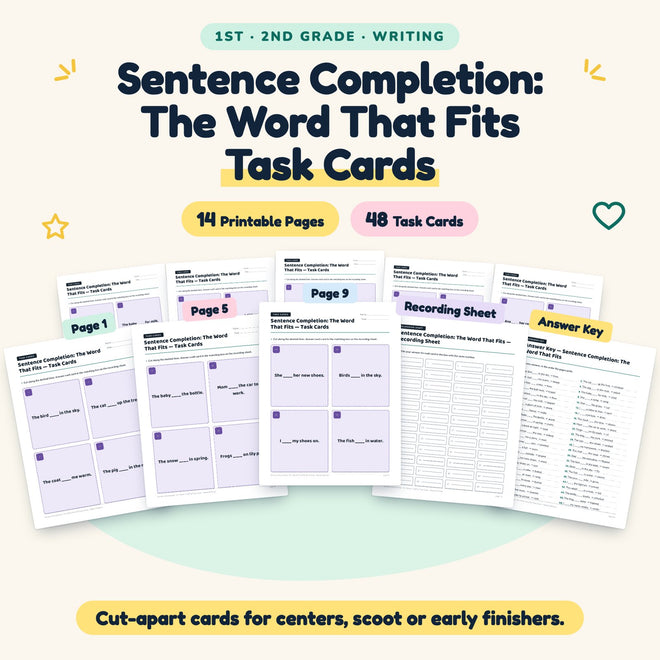 Sentence Completion Task Cards | 1st–2nd Grade (26 Cards) — cover