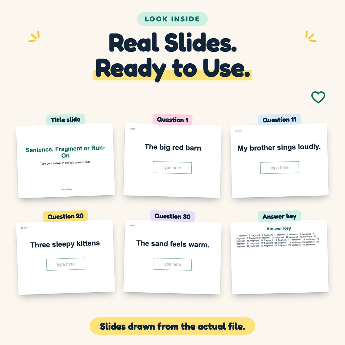 Sentence, Fragment or Run-On digital deck: look inside