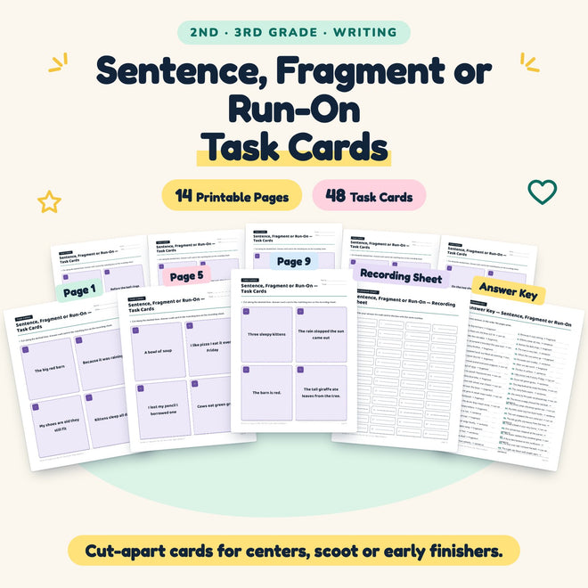 48 Sentence, Fragment or Run-On Task Cards — cover