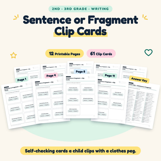Sentence or Fragment Clip Cards | 2nd–3rd Grade (29 Cards) — cover