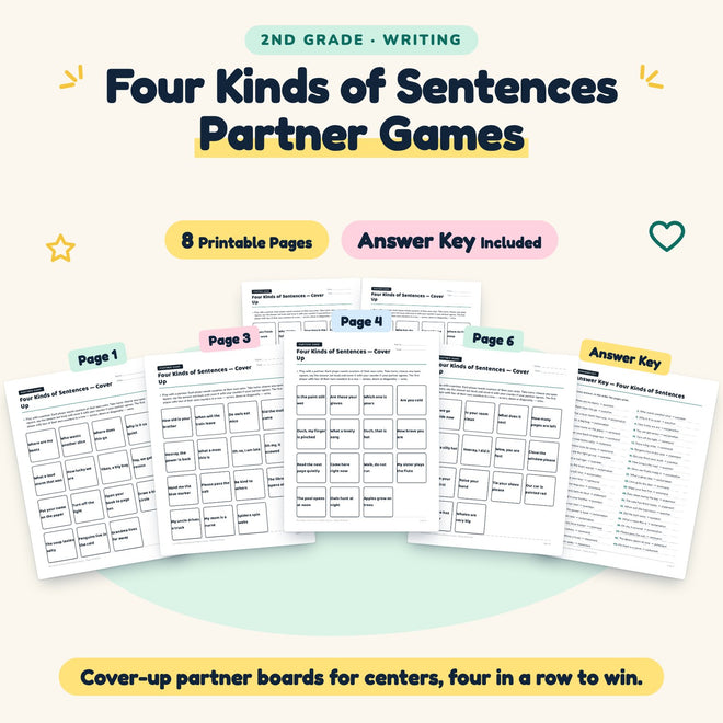 Four Kinds of Sentences Partner Games | 2nd Grade (4 Pages) — cover