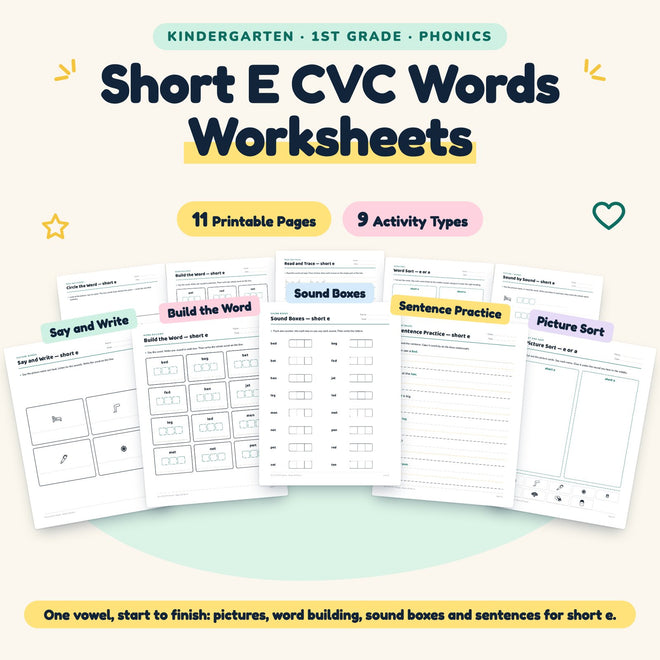Short E CVC Words Worksheets - No Prep Phonics Printables K-1 — cover