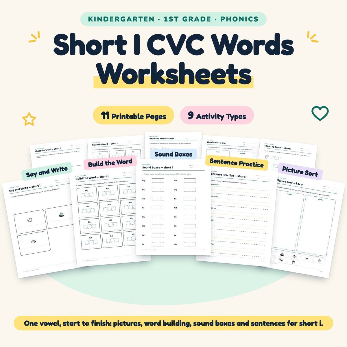 Short I CVC Words Worksheets - No Prep Phonics Printables K-1 — cover