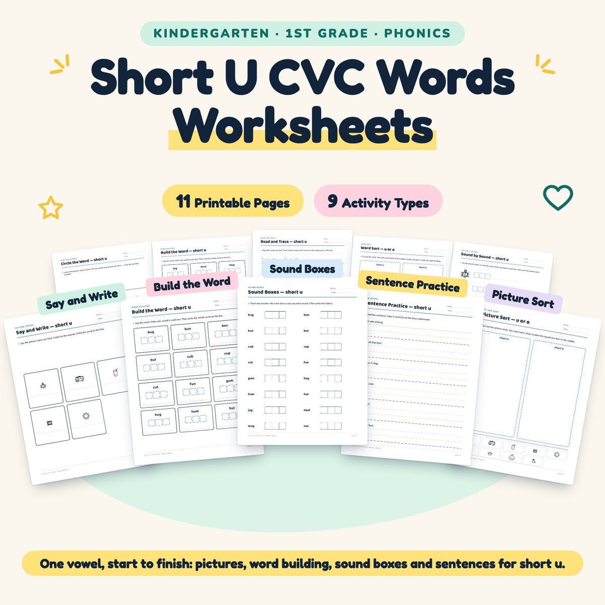 Short U CVC Words Worksheets - No Prep Phonics Printables K-1 — cover
