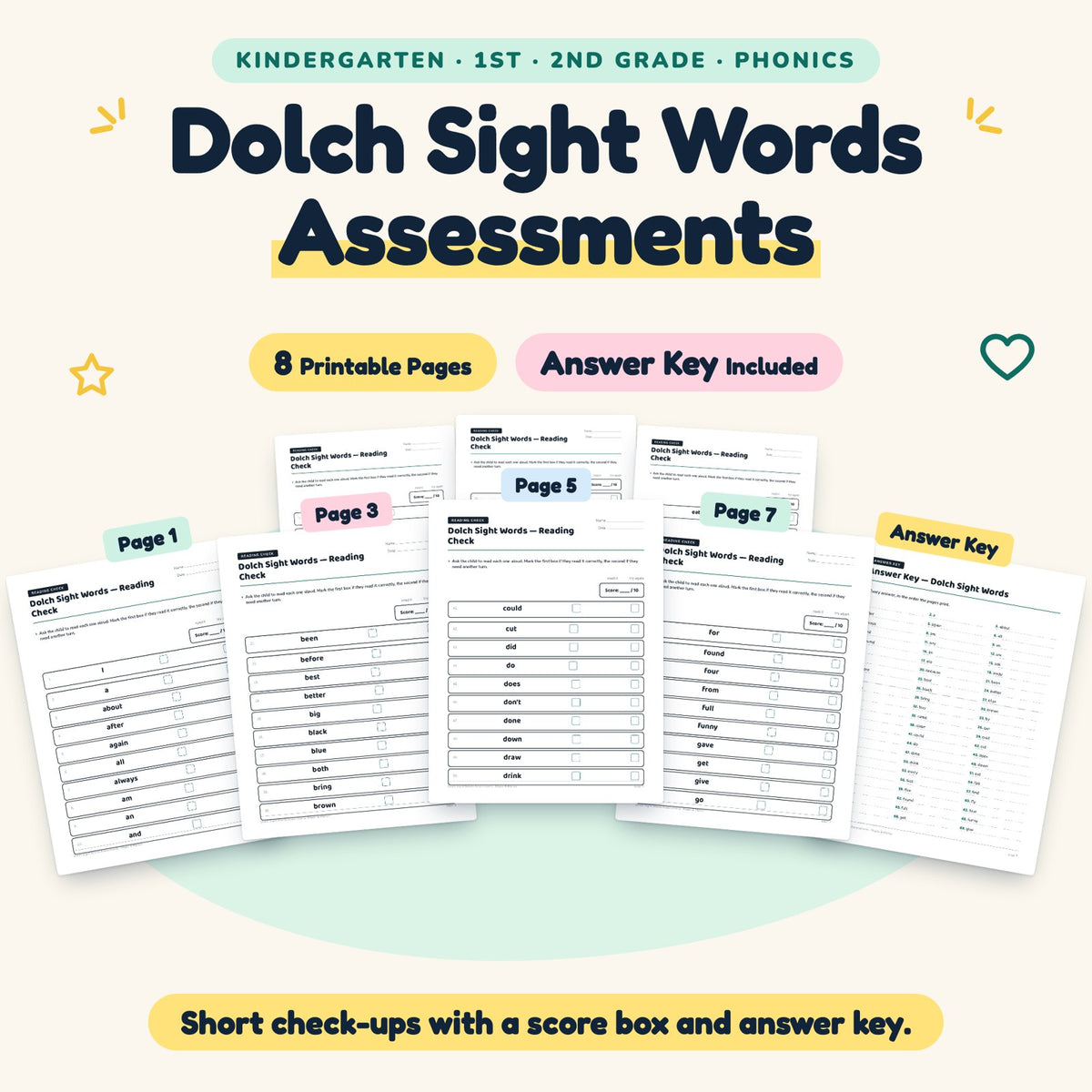 Dolch Sight Words Assessments | K–2nd Grade (7 Pages) — cover
