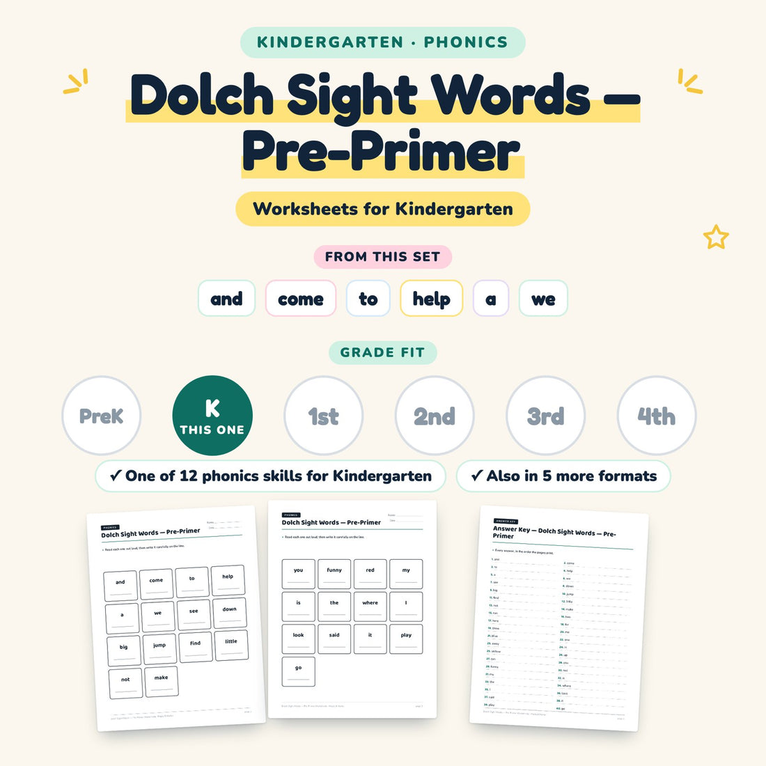 Dolch Sight Words — Pre-Primer: skill and grade fit