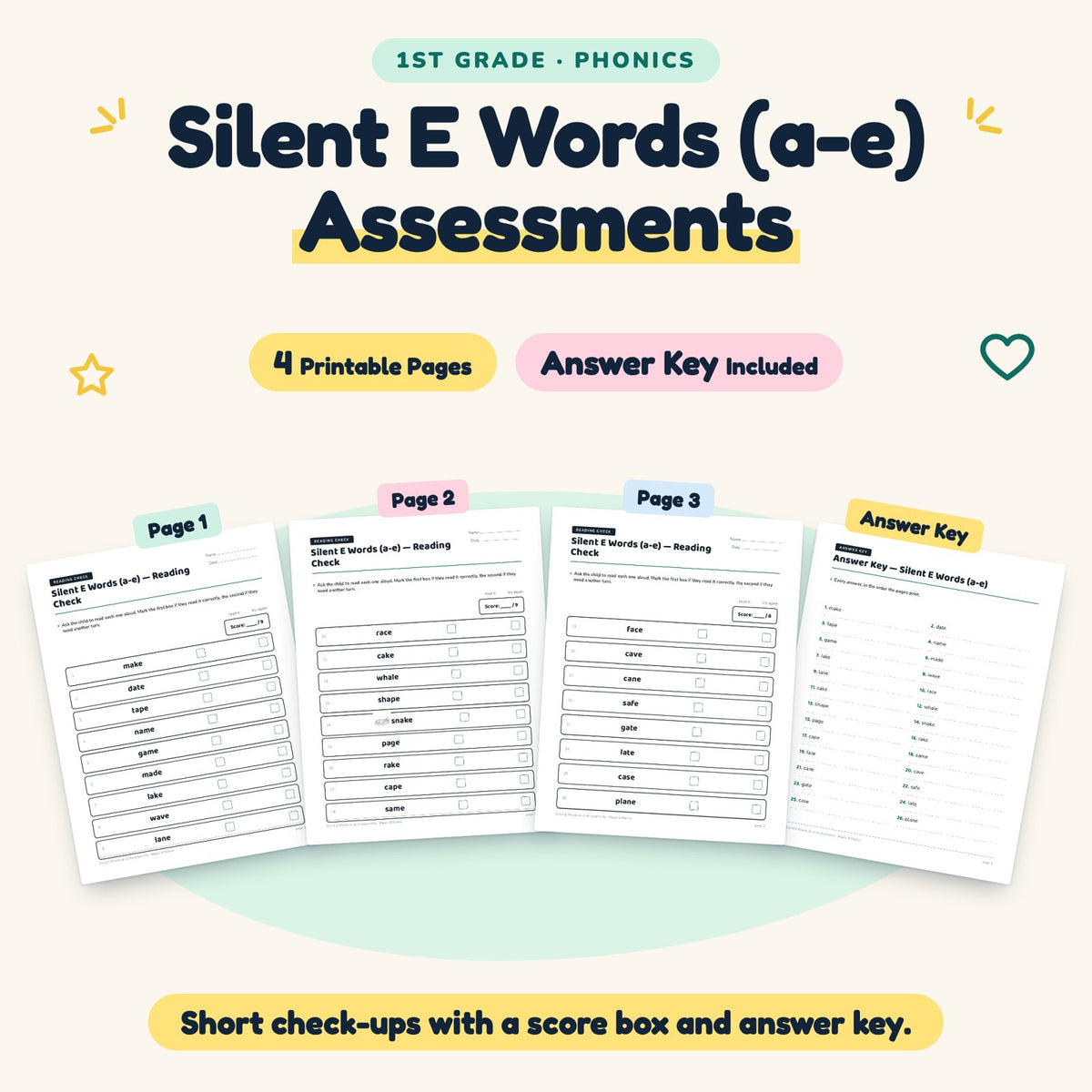 4 Silent E Words (a-e) Assessments — cover