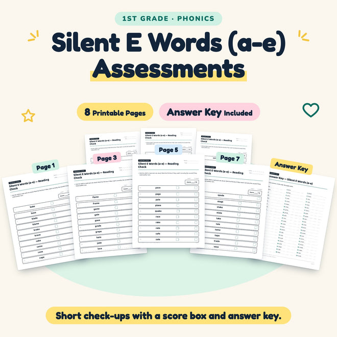 Silent E CVCe Words (a-e) Assessments | 1st Grade (4 Pages) — cover