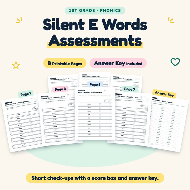 Silent E CVCe Words Assessments | 1st Grade (7 Pages) — cover