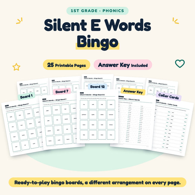 Silent E CVCe Words Bingo | 1st Grade Phonics (12 Pages) — cover