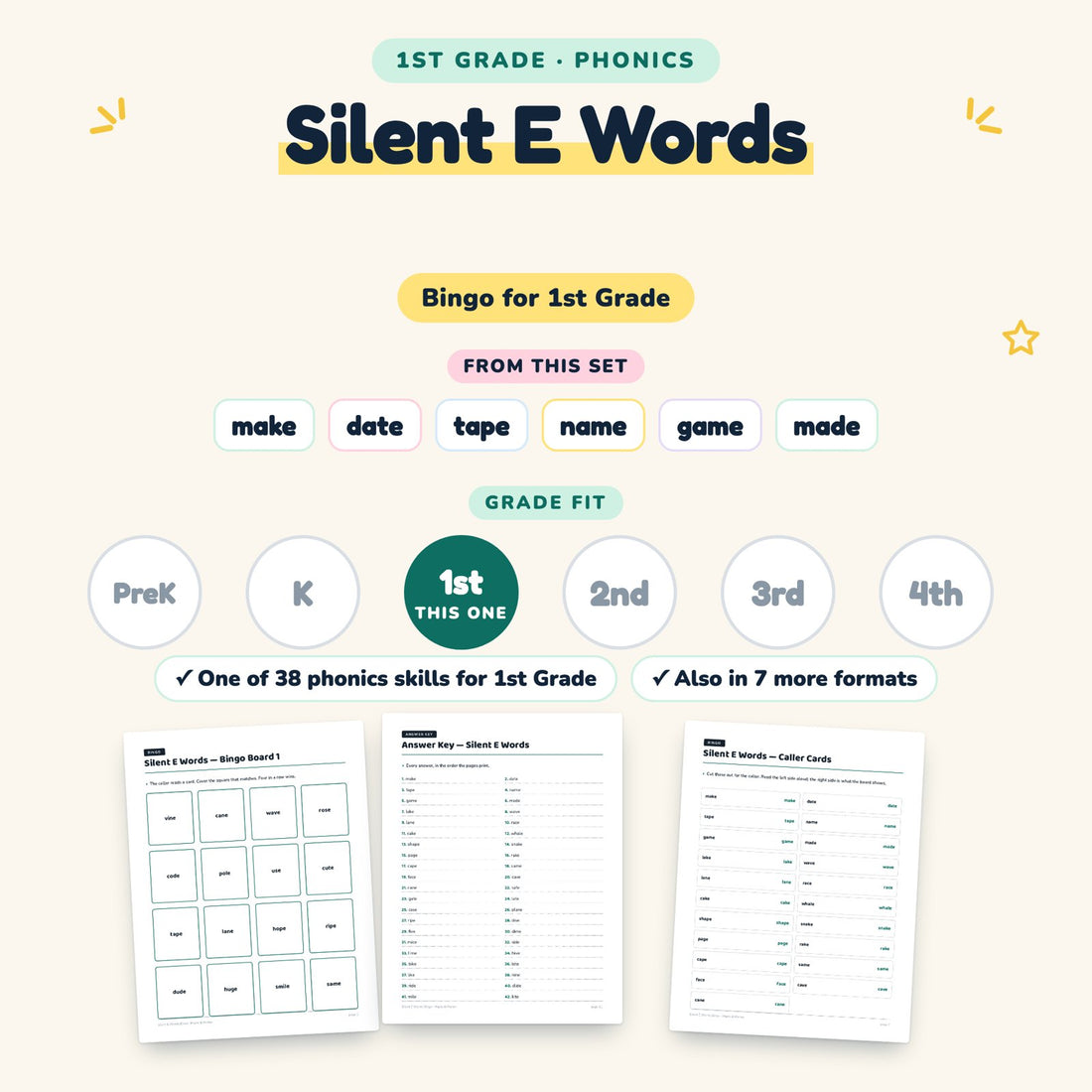 Silent E Words: skill and grade fit