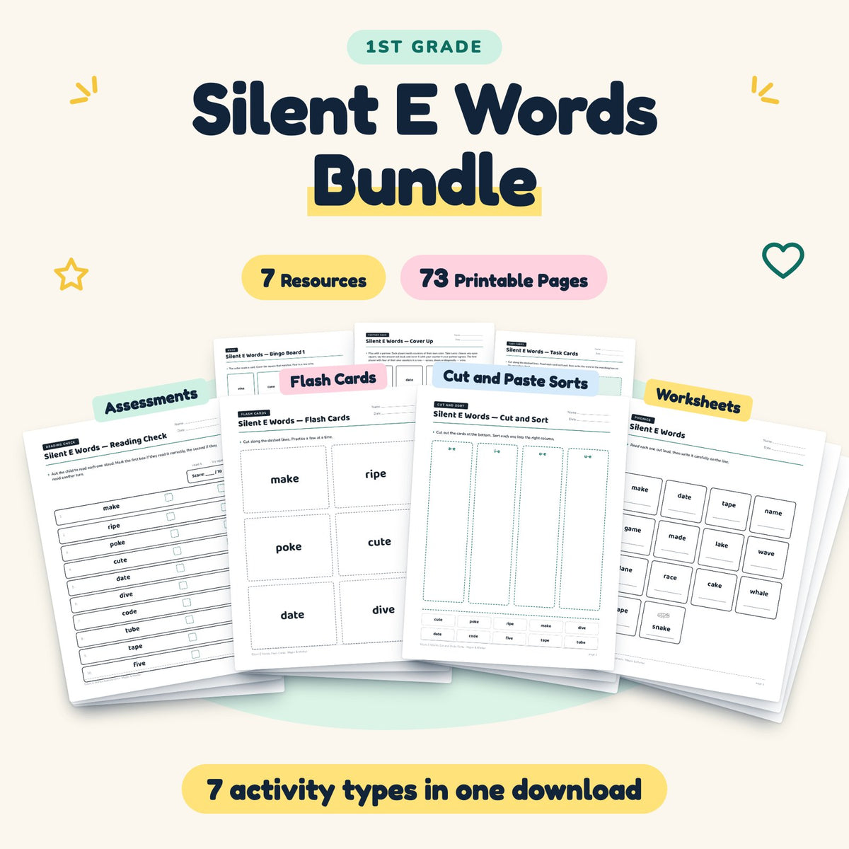 Silent E CVCe Words Bundle | 1st Grade Phonics (7 Resources) — cover
