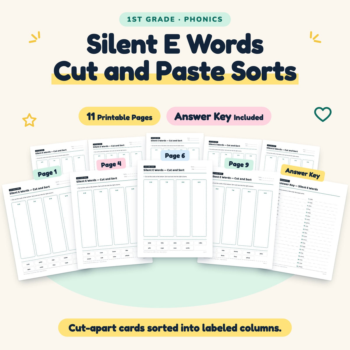 11 Silent E Words Cut and Paste Sorts — cover