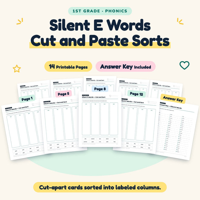 Silent E CVCe Words Cut and Paste Sorts | 1st Grade Phonics — cover