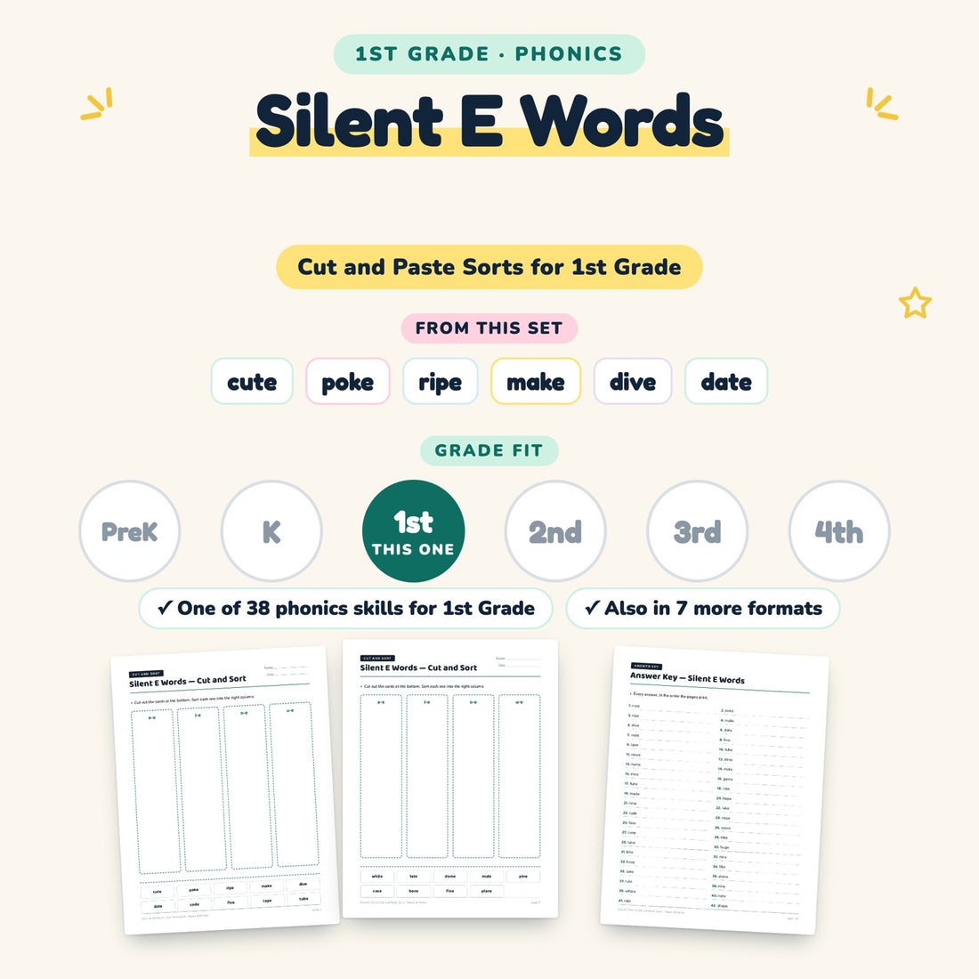 Silent E Words: skill and grade fit