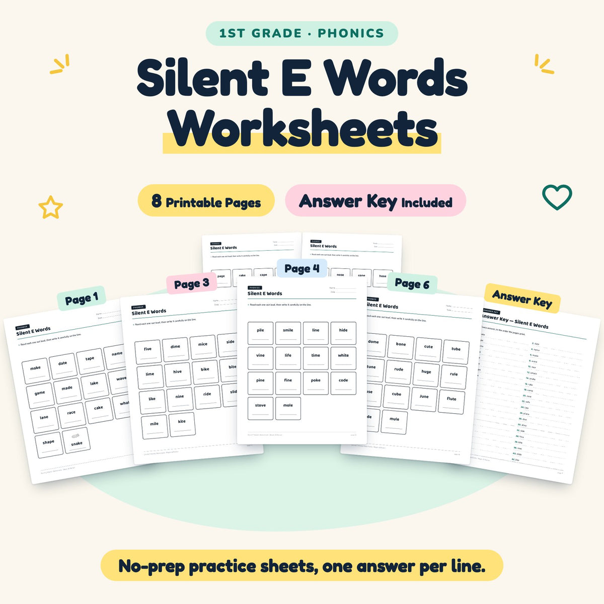 8 Silent E Words Worksheets — cover