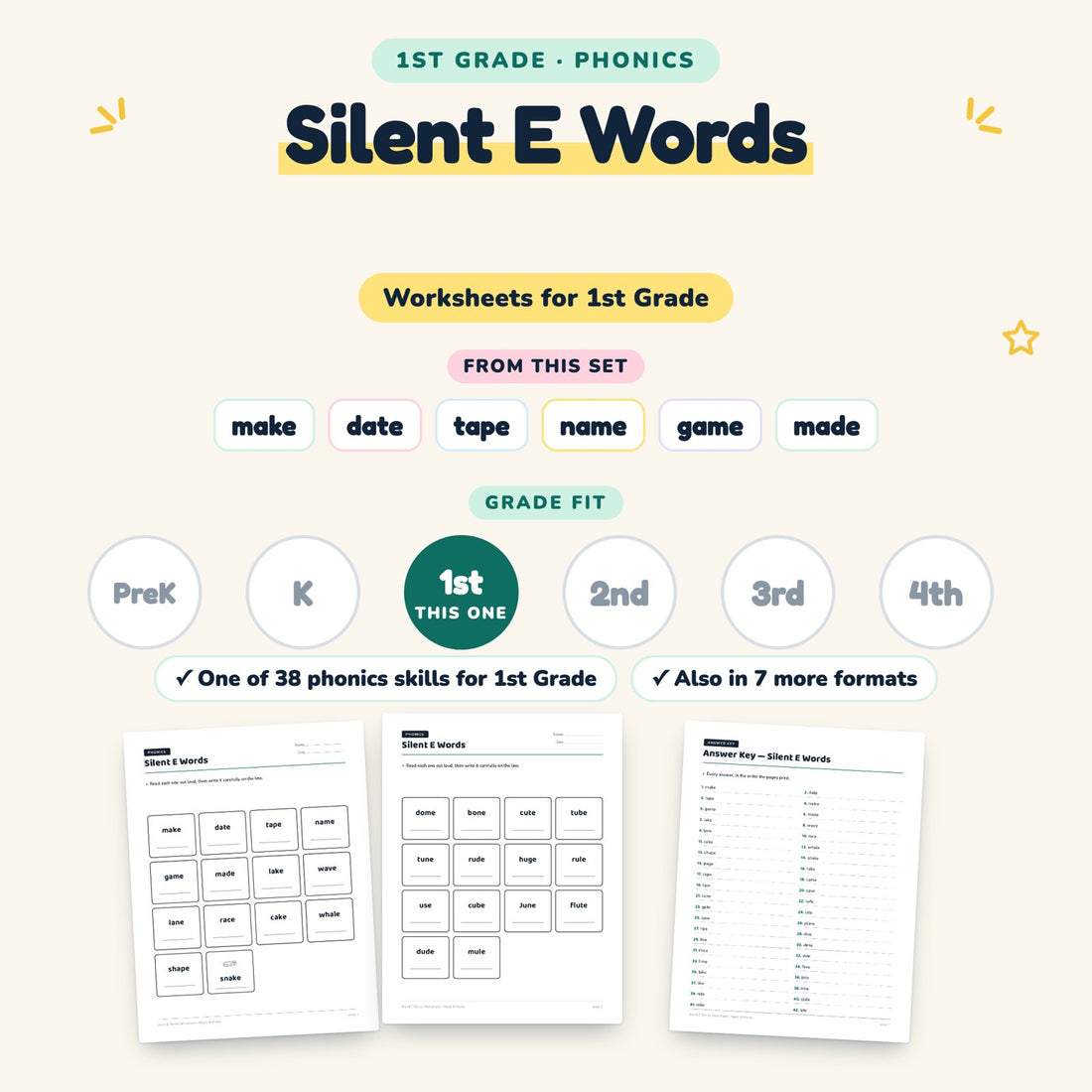 Silent E Words: skill and grade fit