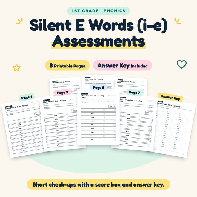 Silent E CVCe Words (i-e) Assessments | 1st Grade (4 Pages) — cover