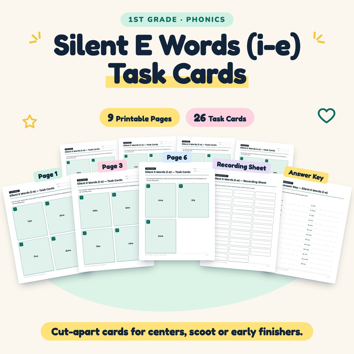 26 Silent E Words (i-e) Task Cards — cover