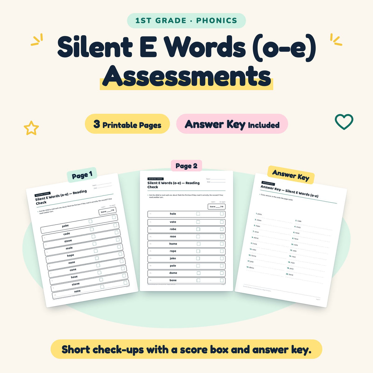 3 Silent E Words (o-e) Assessments — cover