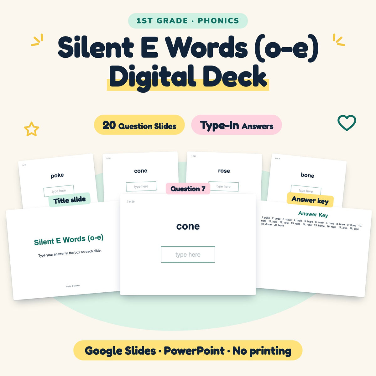 20 Question Silent E Words (o-e) Digital Deck — cover