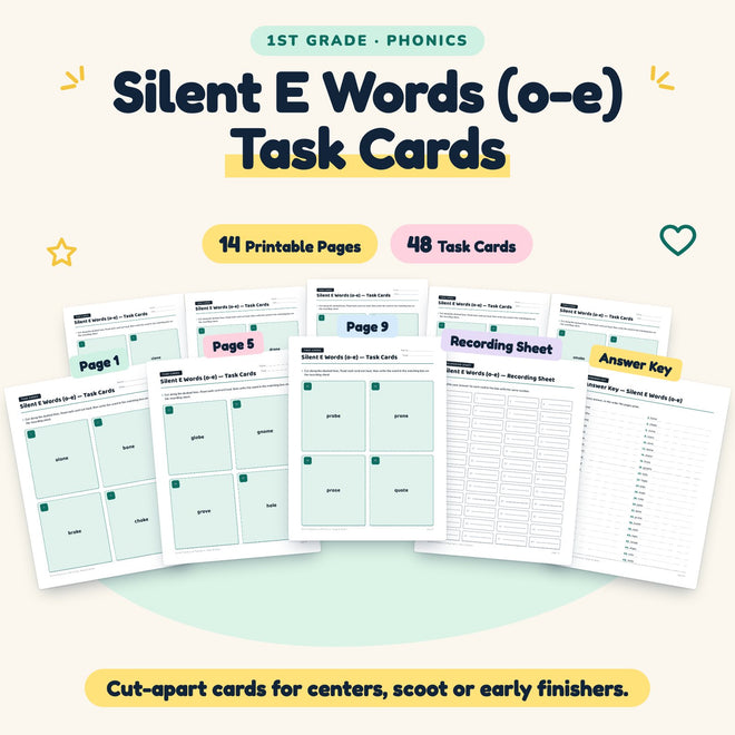 Silent E CVCe Words (o-e) Task Cards | 1st Grade (20 Cards) — cover