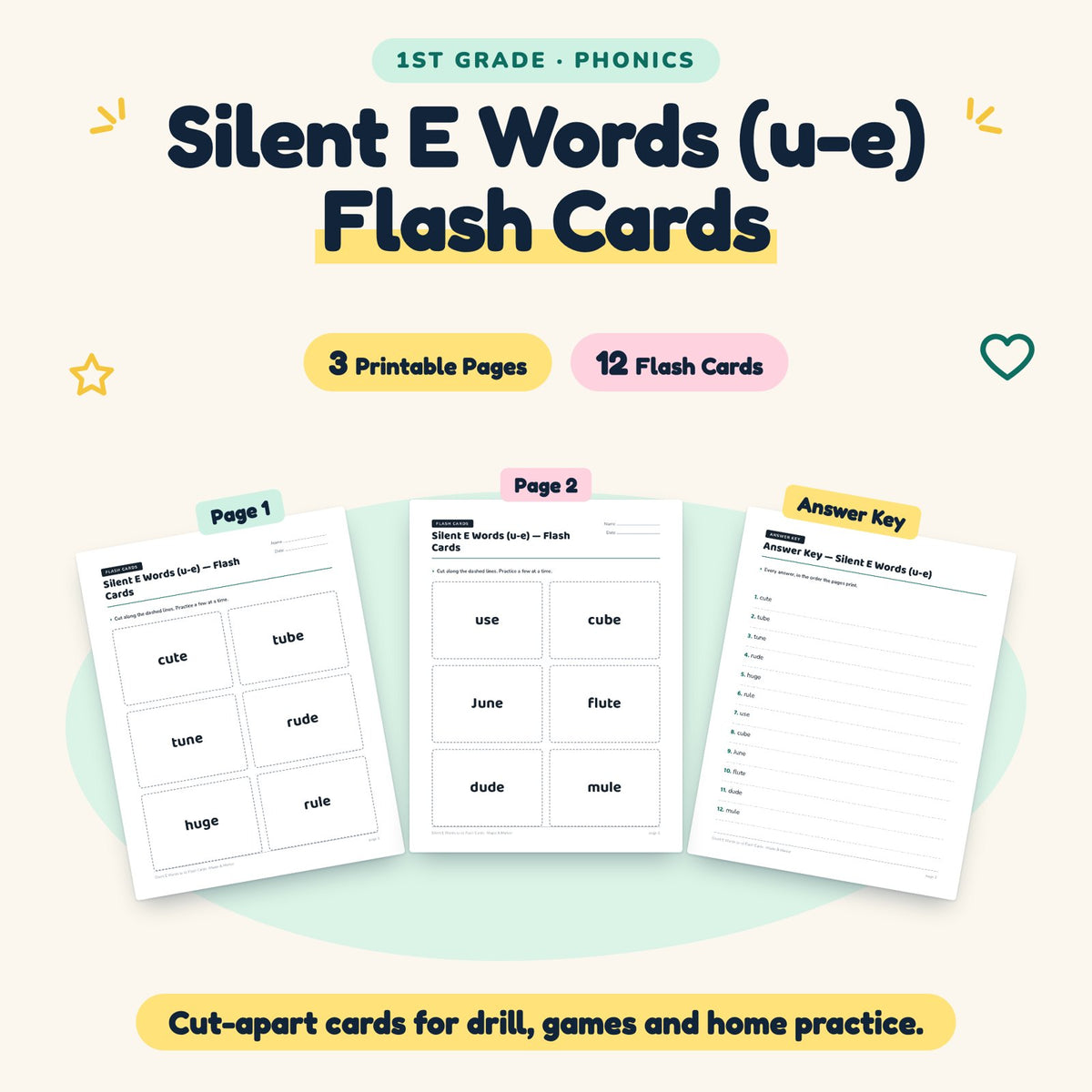 12 Silent E Words (u-e) Flash Cards — cover