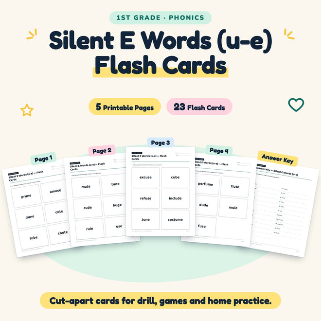 Silent E CVCe Words (u-e) Flash Cards | 1st Grade (12 Cards) — cover