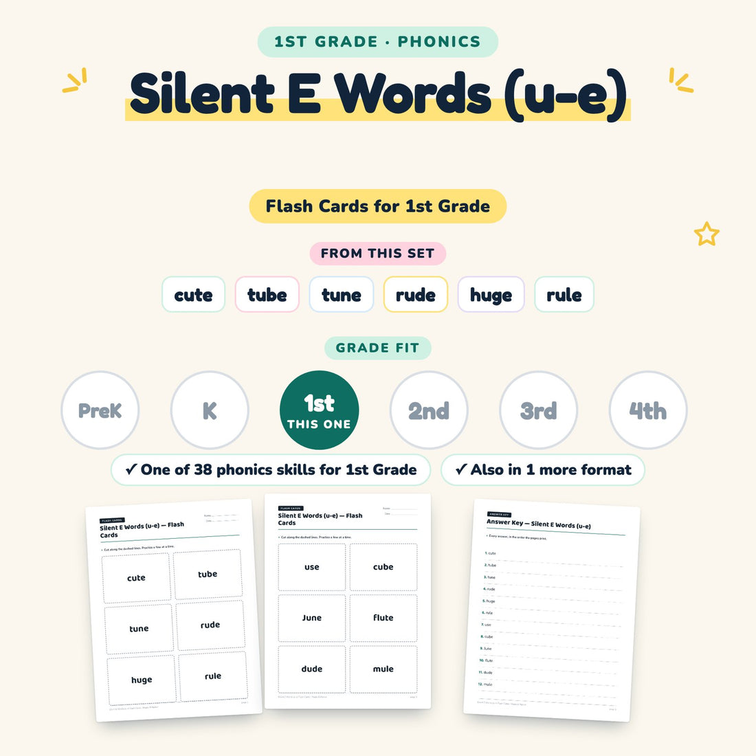 Silent E Words (u-e): skill and grade fit