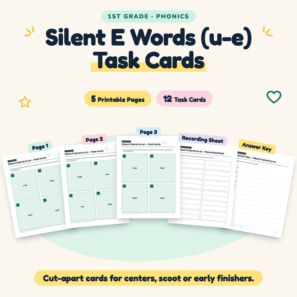 12 Silent E Words (u-e) Task Cards — cover