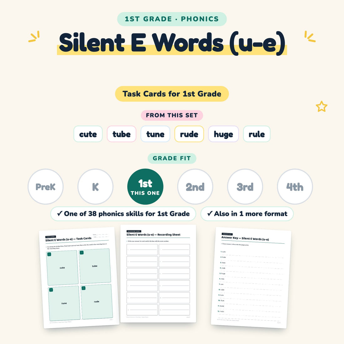 Silent E Words (u-e): skill and grade fit
