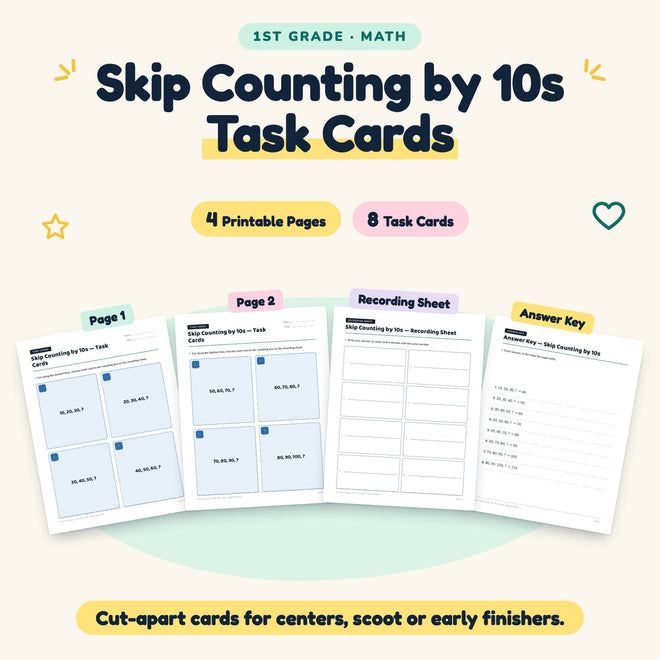 Skip Counting by 10s Task Cards | 1st Grade Math (8 Cards) — cover
