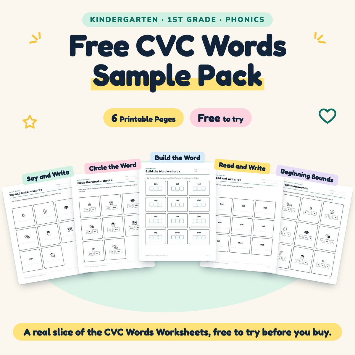 FREE CVC Words Worksheets Sample - 6 No Prep Phonics Printables — cover